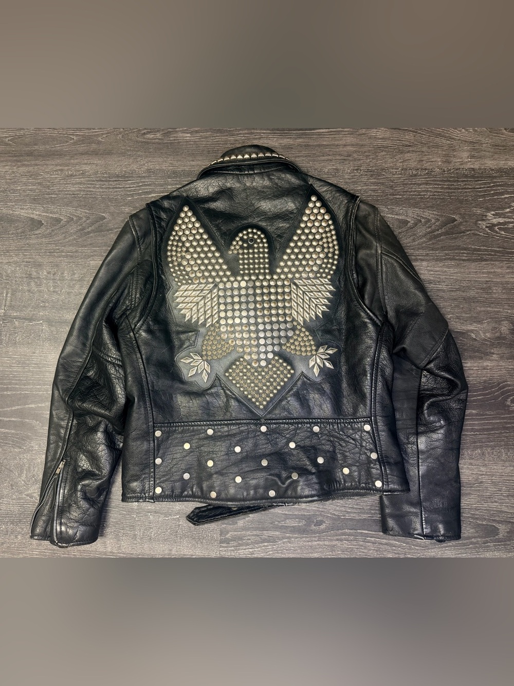 Vintage L.A. Roxx Black Leather Biker Jacket Studded Eagle Back Size 44